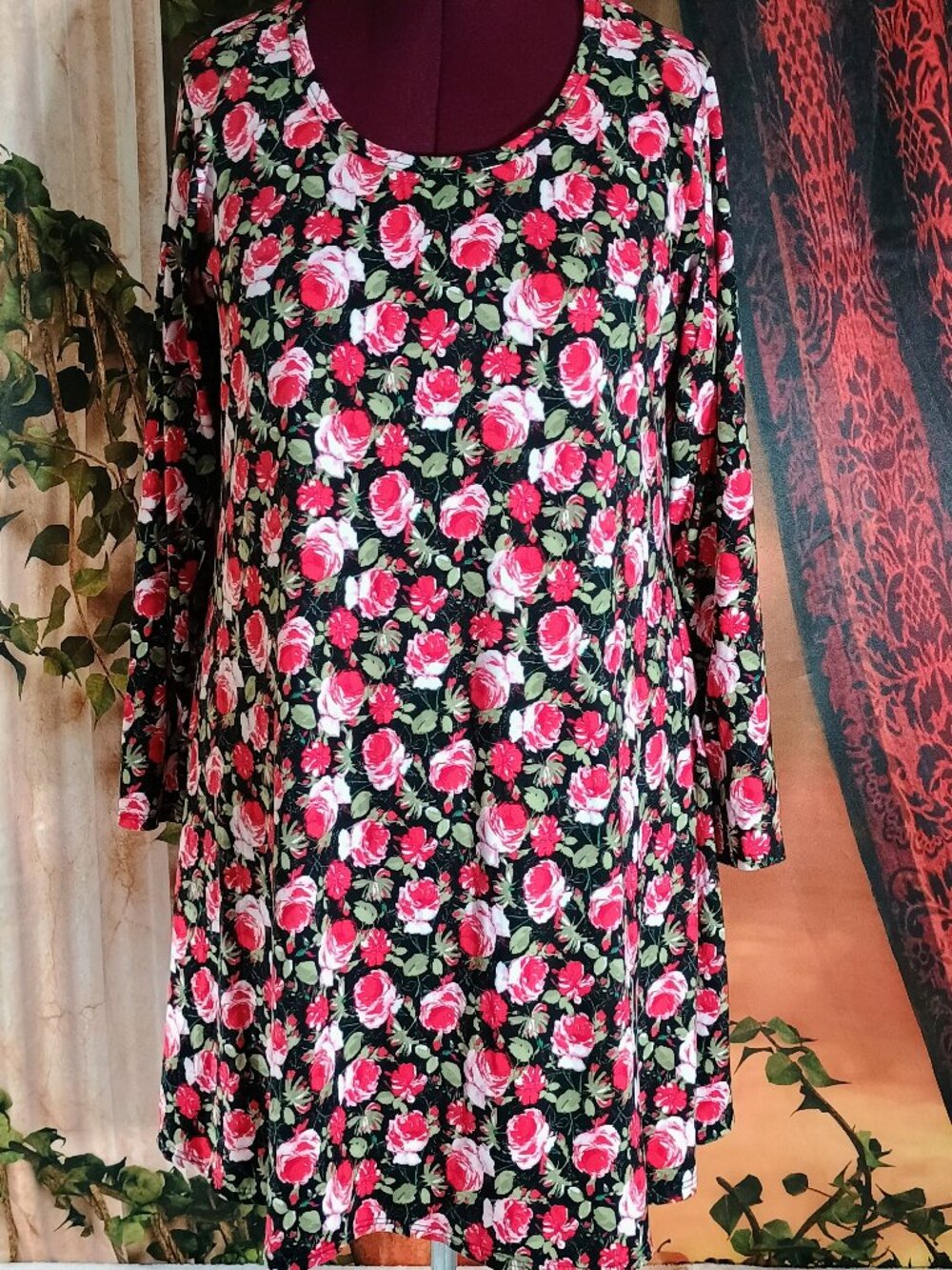 EUC Pinc Sz 2X Red & Pink Rose Floral Long Sleeve Tunic Dress Stretchy A-Line